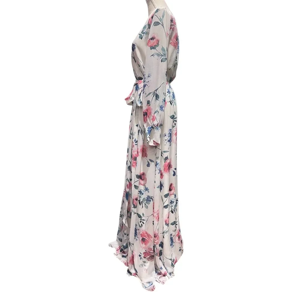 RICARICA Ivory Pink Blue Floral Maxi Dress Medium Boho Romantic Tie Waist Lined - Picture 2 of 8